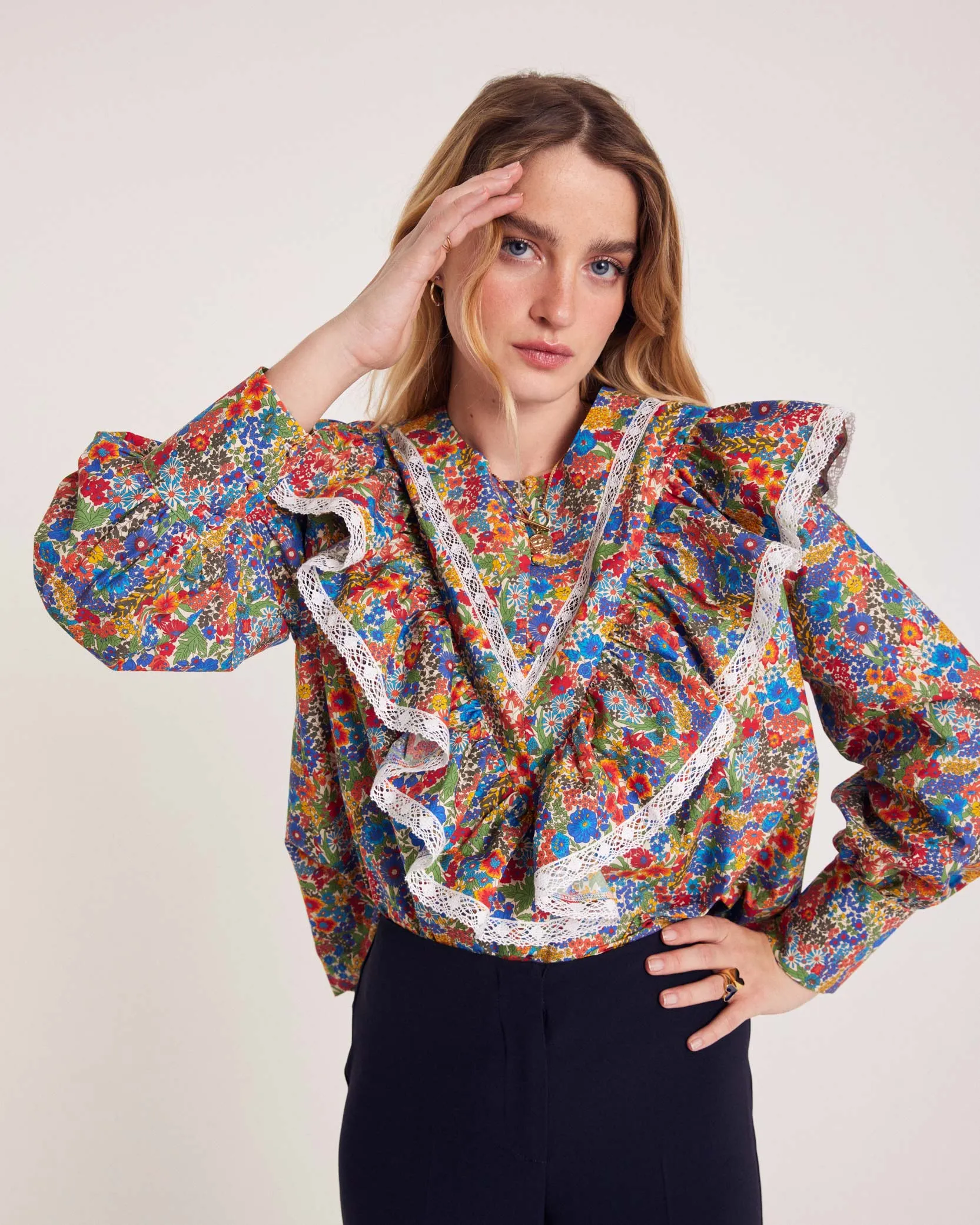 Azélie blouse in blue and yellow Liberty fabric sold by Balzac Paris