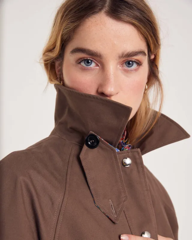 Chocolate Gally trench coat with Liberty details made by Balzac Paris
