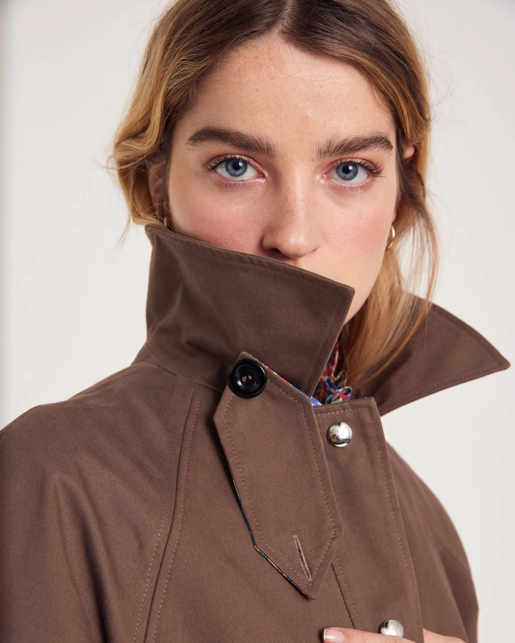 Chocolate Gally trench coat with Liberty details sold by Balzac Paris