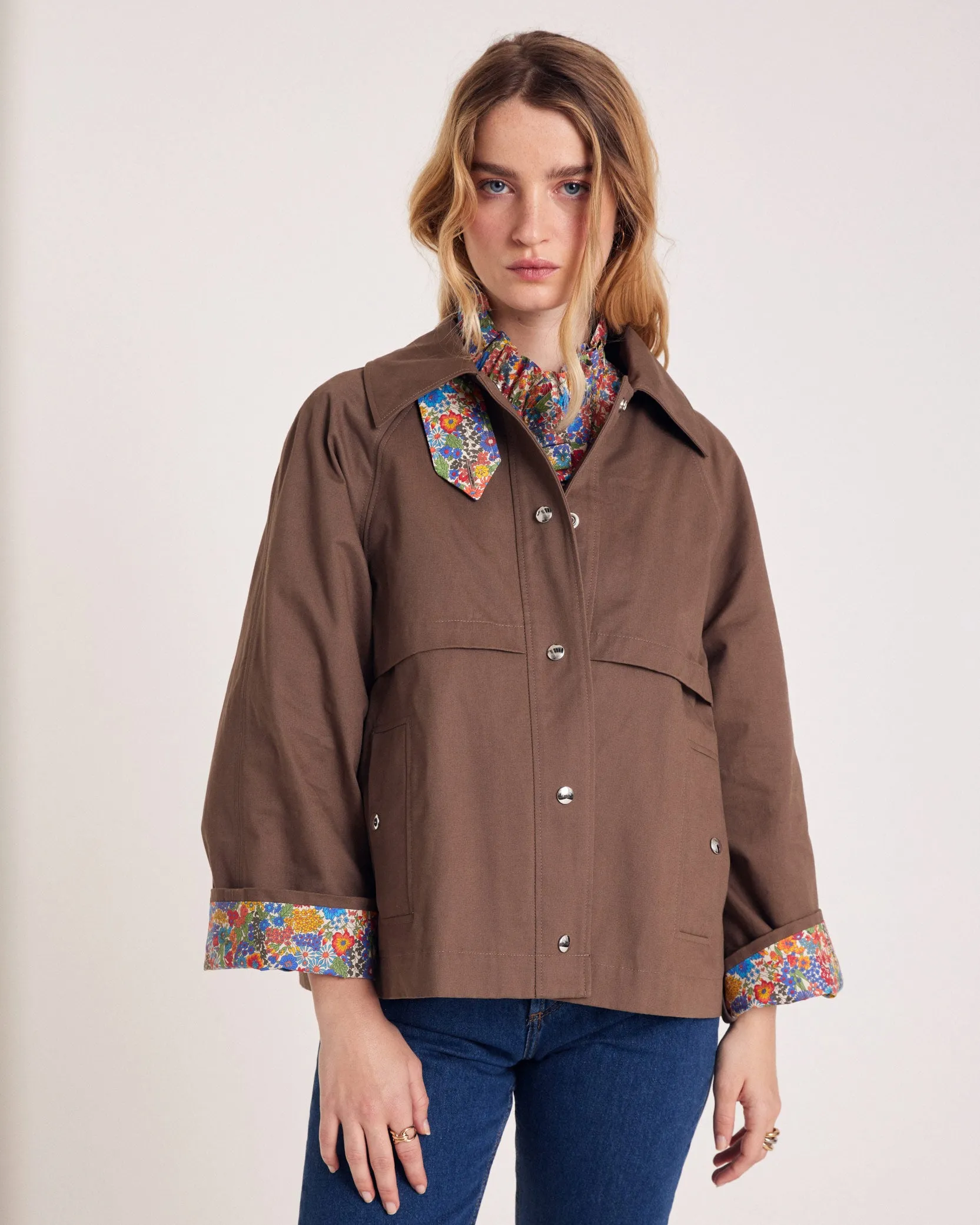 Chocolate Gally trench coat with Liberty details sold by Balzac Paris product image thumbnail 2
