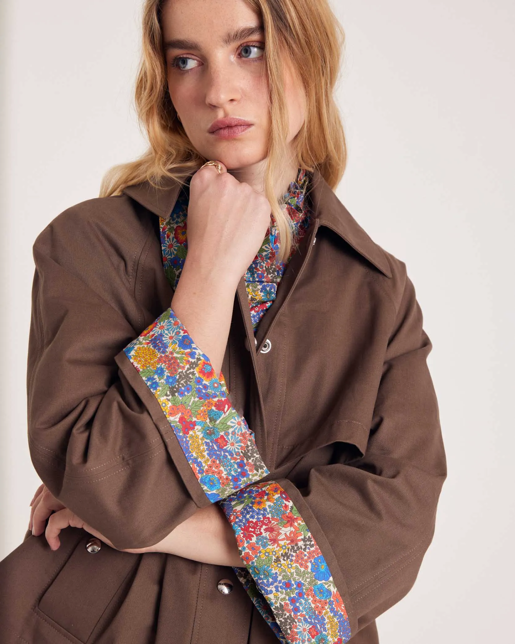 Chocolate Gally trench coat with Liberty details sold by Balzac Paris product image thumbnail 4