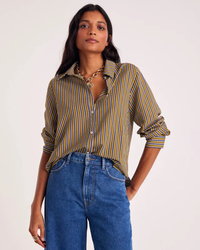 Liseron shirt with navy and khaki stripes sold by Balzac Paris