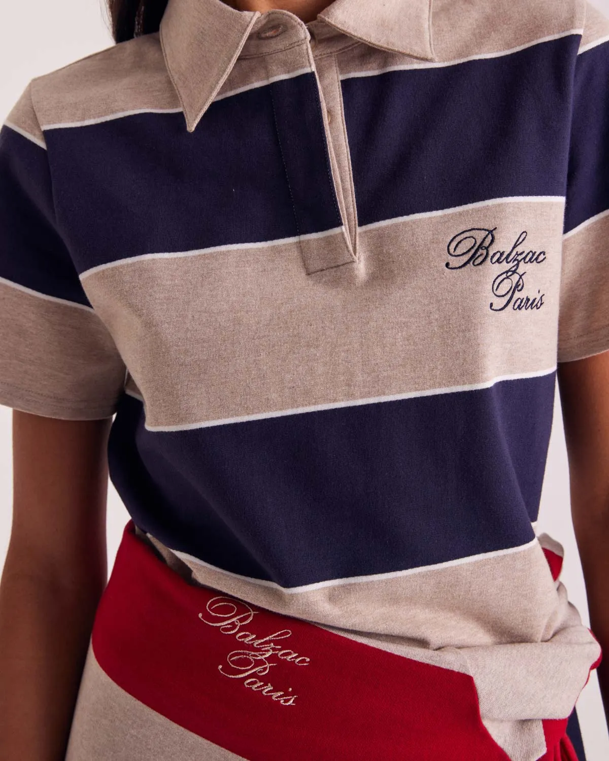 Paula polo dress with navy and heather beige stripes sold by Balzac Paris product image thumbnail 3