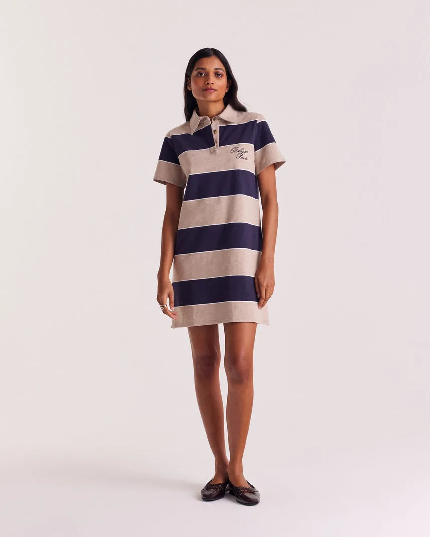 Paula polo dress with navy and heather beige stripes sold by Balzac Paris