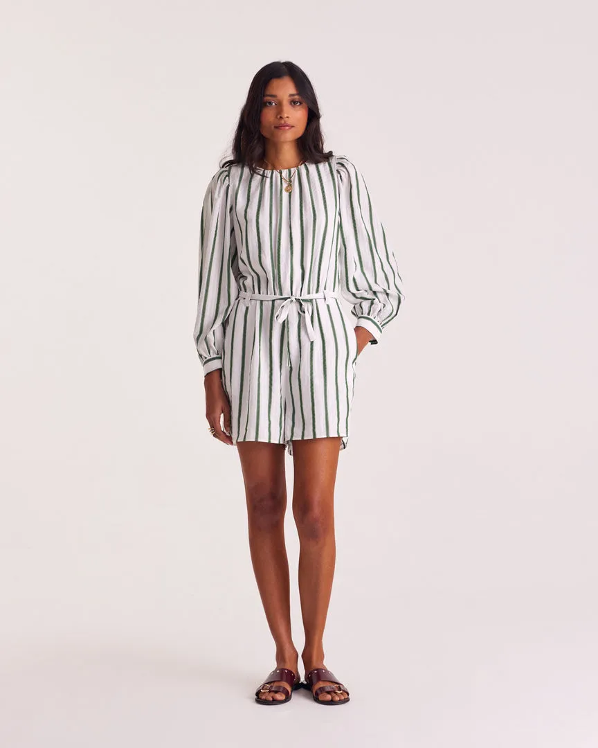 Julieta green striped jumpsuit sold by Balzac Paris