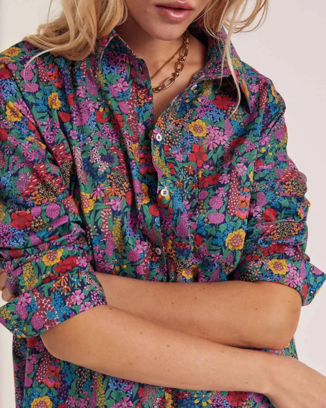 Hector shirt in purple, pink and yellow Liberty fabric sold by Balzac Paris