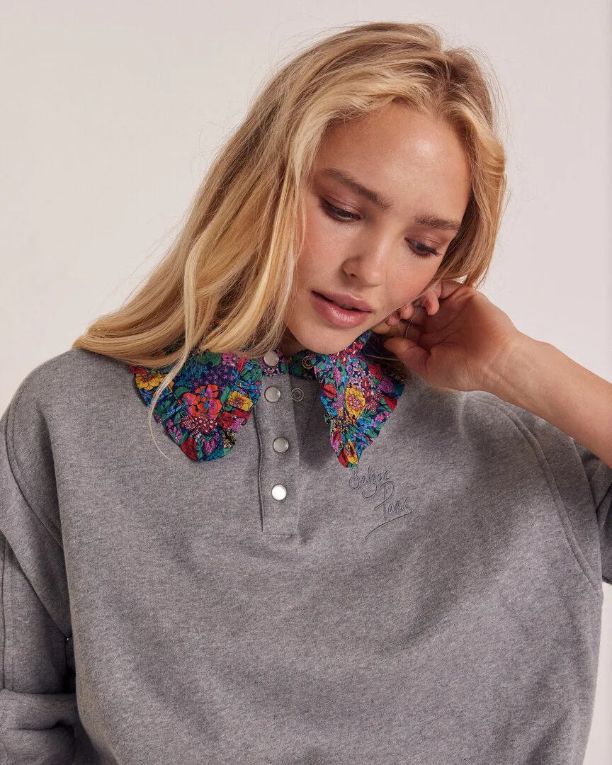 Tammy sweatshirt in gray and purple, yellow and pink Libery fabric sold by Balzac Paris