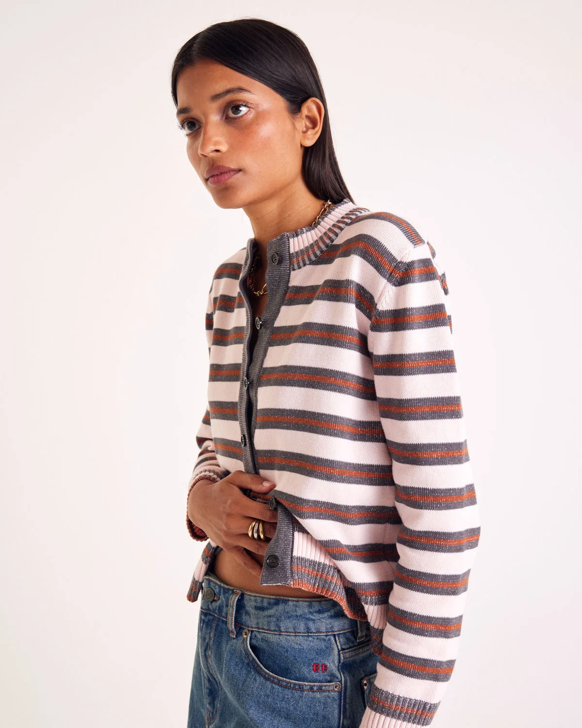 Clarisse cardigan in gray, pink and cinnamon stripes sold by Balzac Paris product image thumbnail 2