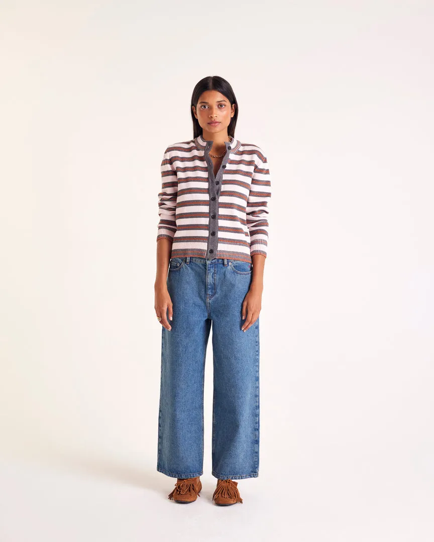 Clarisse cardigan in gray, pink and cinnamon stripes sold by Balzac Paris product image thumbnail 3