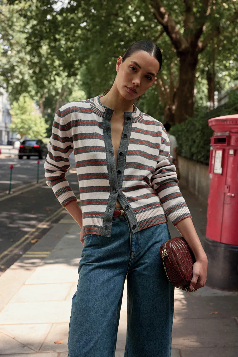 Clarisse cardigan in gray, pink and cinnamon stripes sold by Balzac Paris product image thumbnail 5