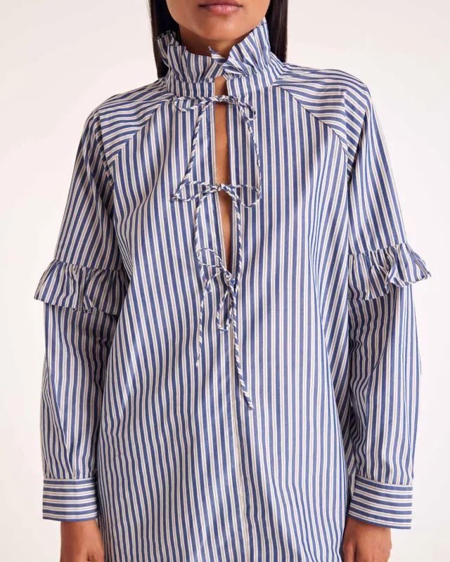 Mahault tunic with navy, ecru and grey stripes sold by Balzac Paris