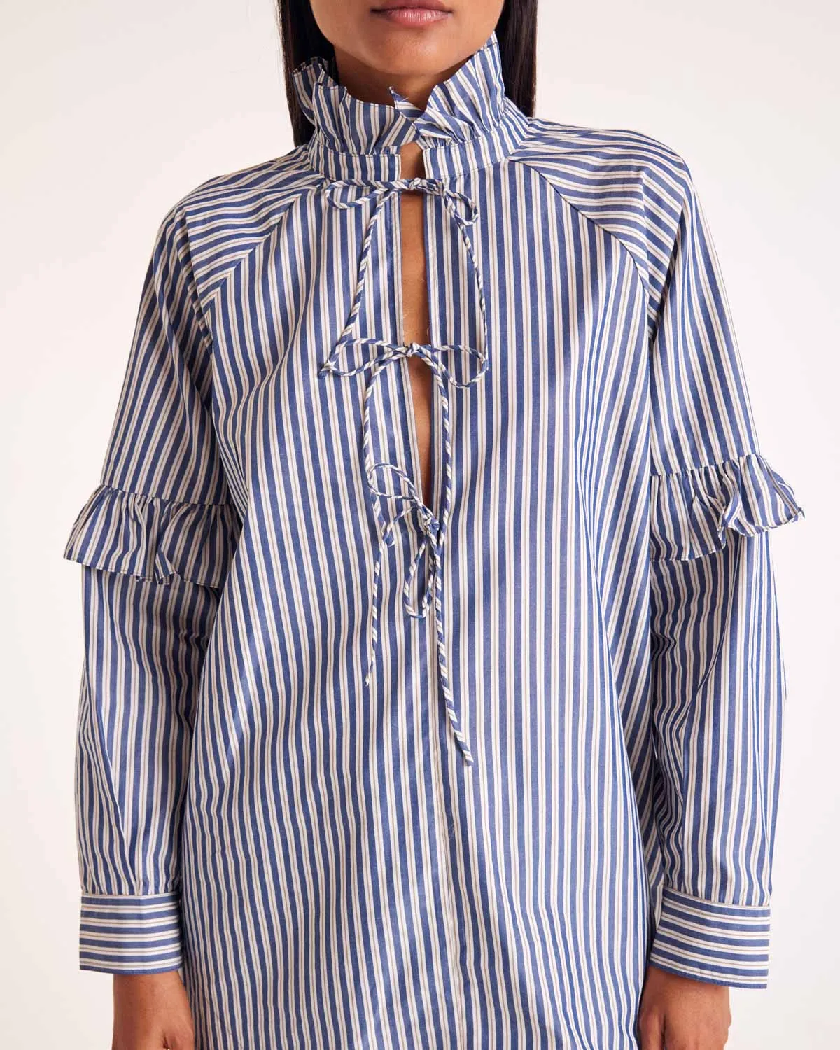 Mahault tunic with navy, ecru and grey stripes sold by Balzac Paris