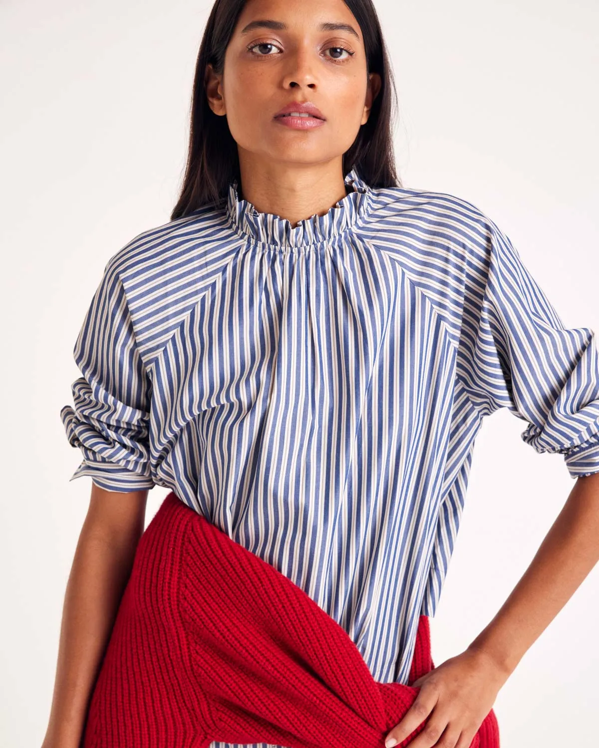 Zoé blouse with navy, ecru and gray stripes sold by Balzac Paris