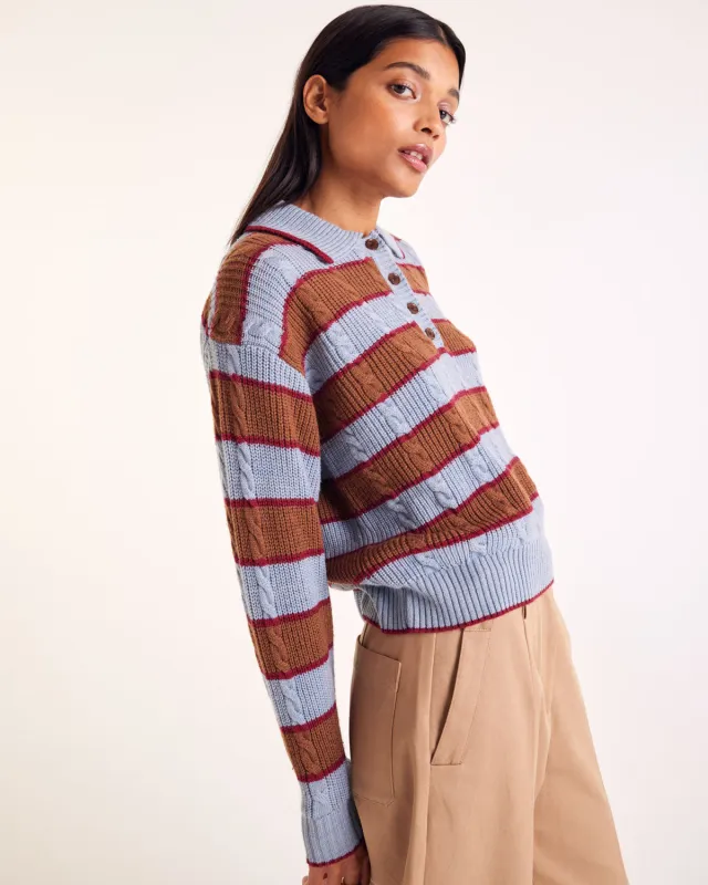 Isidore sweater with blue, cinnamon and burgundy stripes sold by Balzac Paris