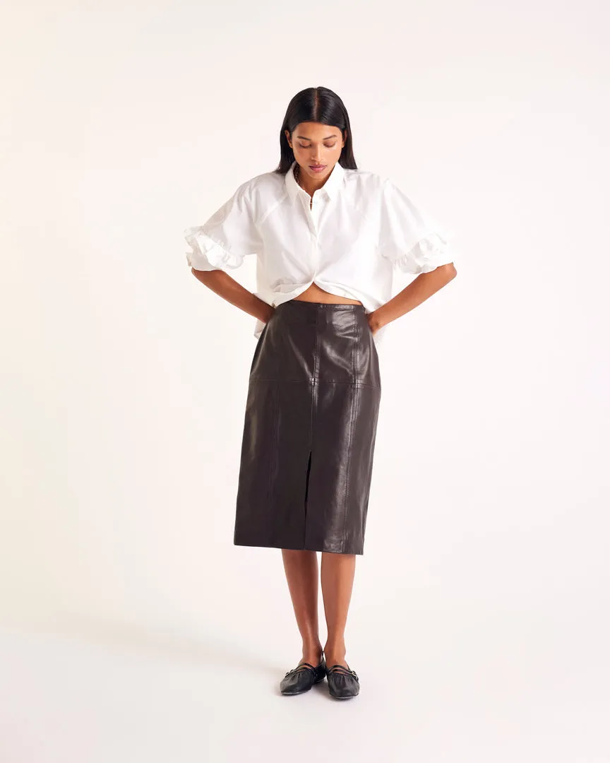 Quitterie chocolate leather skirt sold by Balzac Paris