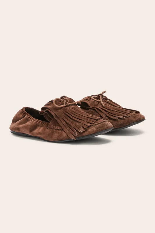 Alix Mocha Split Leather Fringe Loafers sold by Balzac Paris