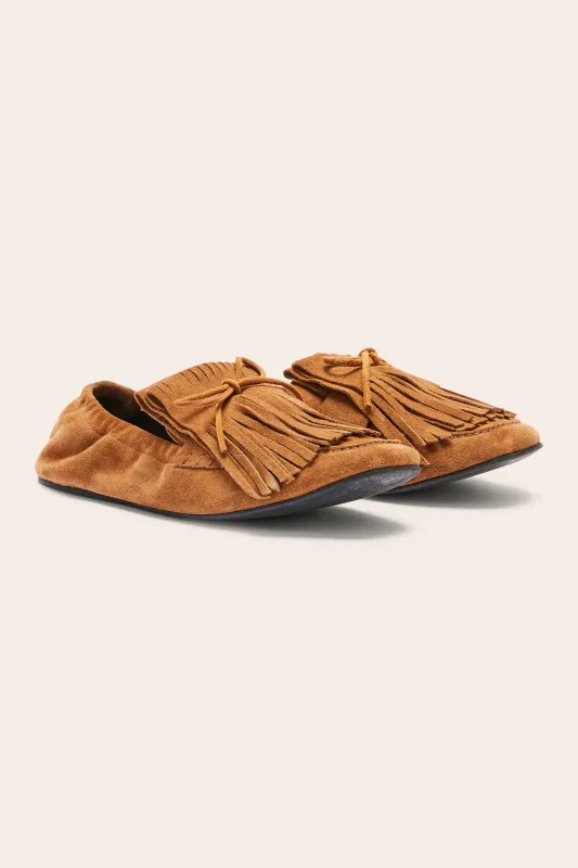 Alix loafers with hazelnut split leather fringe sold by Balzac Paris