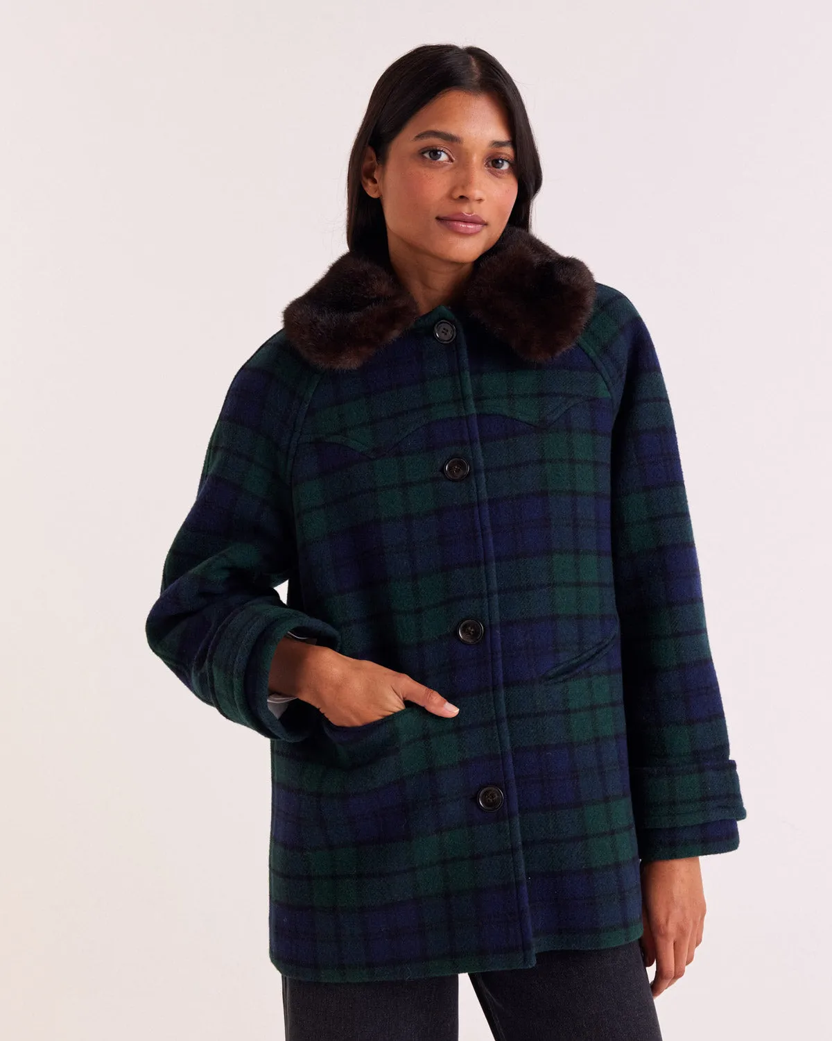 Trixie blue and green tartan coat sold by Balzac Paris