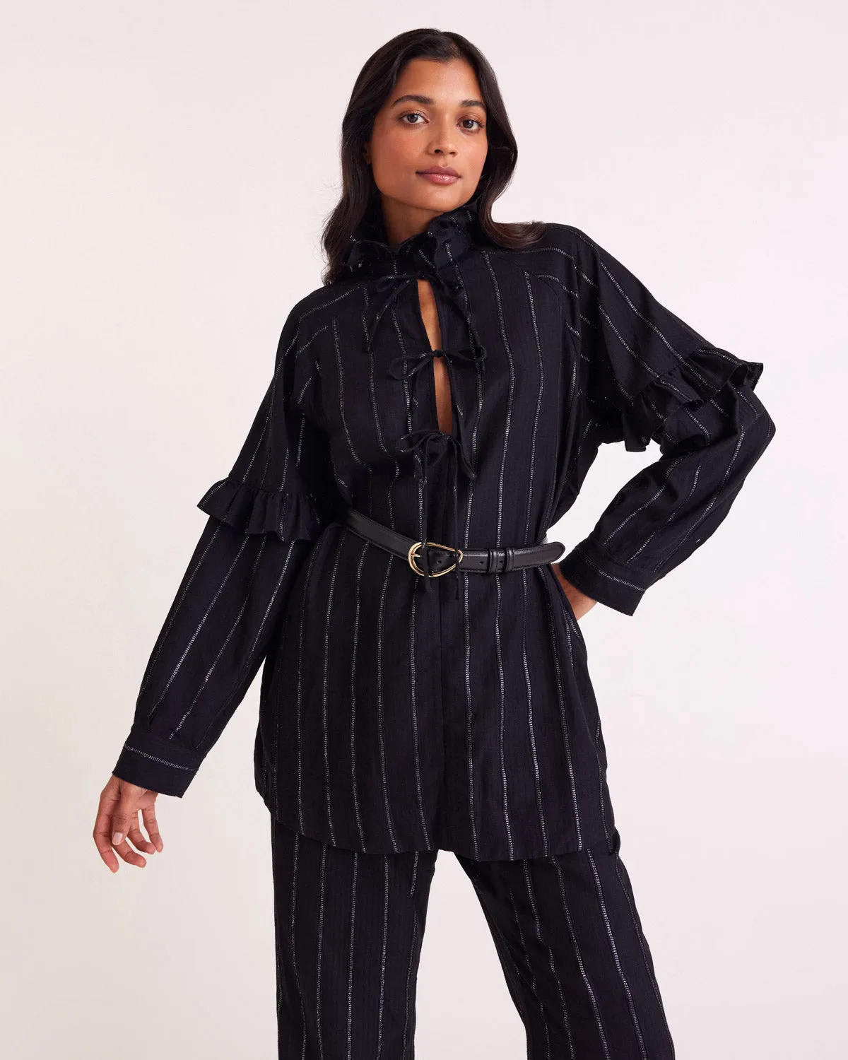 Mahault tunic with navy and silver stripes sold by Balzac Paris