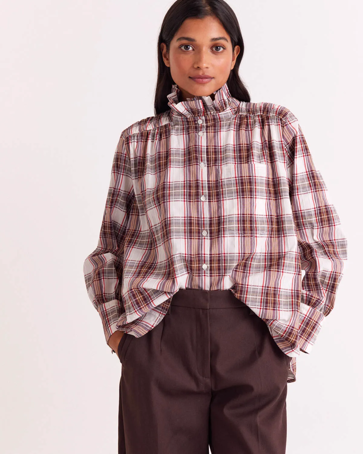Leonor shirt in red and beige tartan sold by Balzac Paris