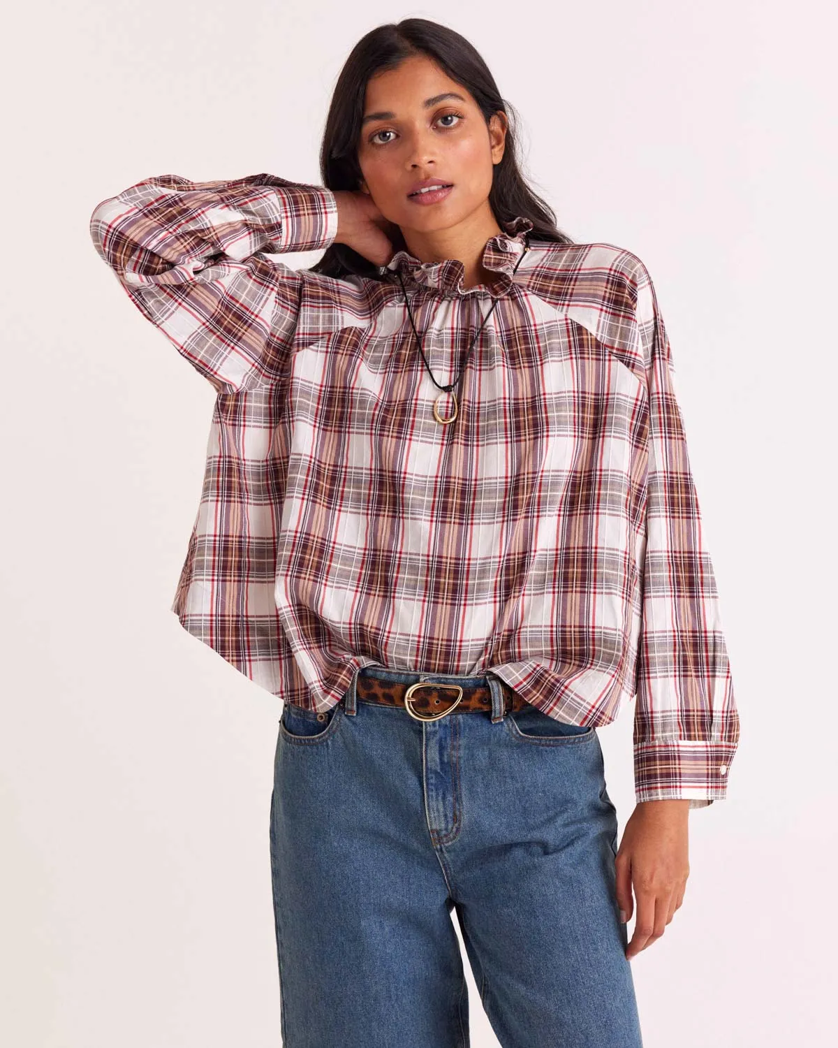 Zoelie red and beige tartan blouse sold by Balzac Paris