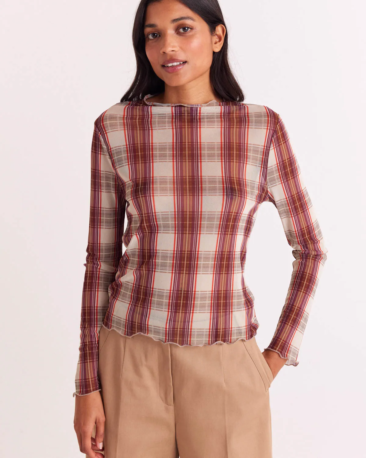 Isabella red and beige tartan top sold by Balzac Paris
