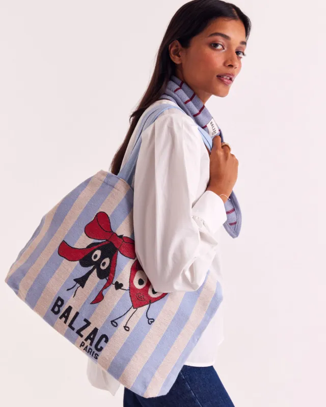 The October tote bag with ecru and blue stripes sold by Balzac Paris