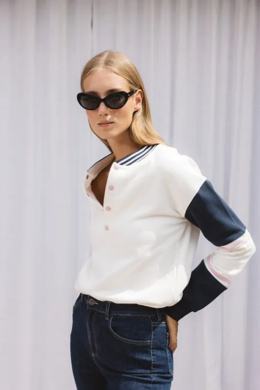 Navy and ecru poseidon sweatshirt sold by Balzac Paris