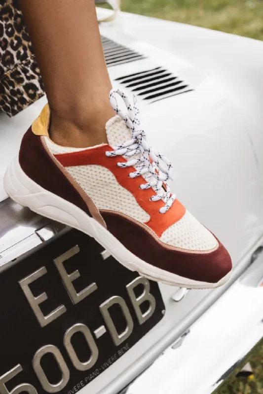 Persienne burgundy and yellow sneakers sold by Balzac Paris