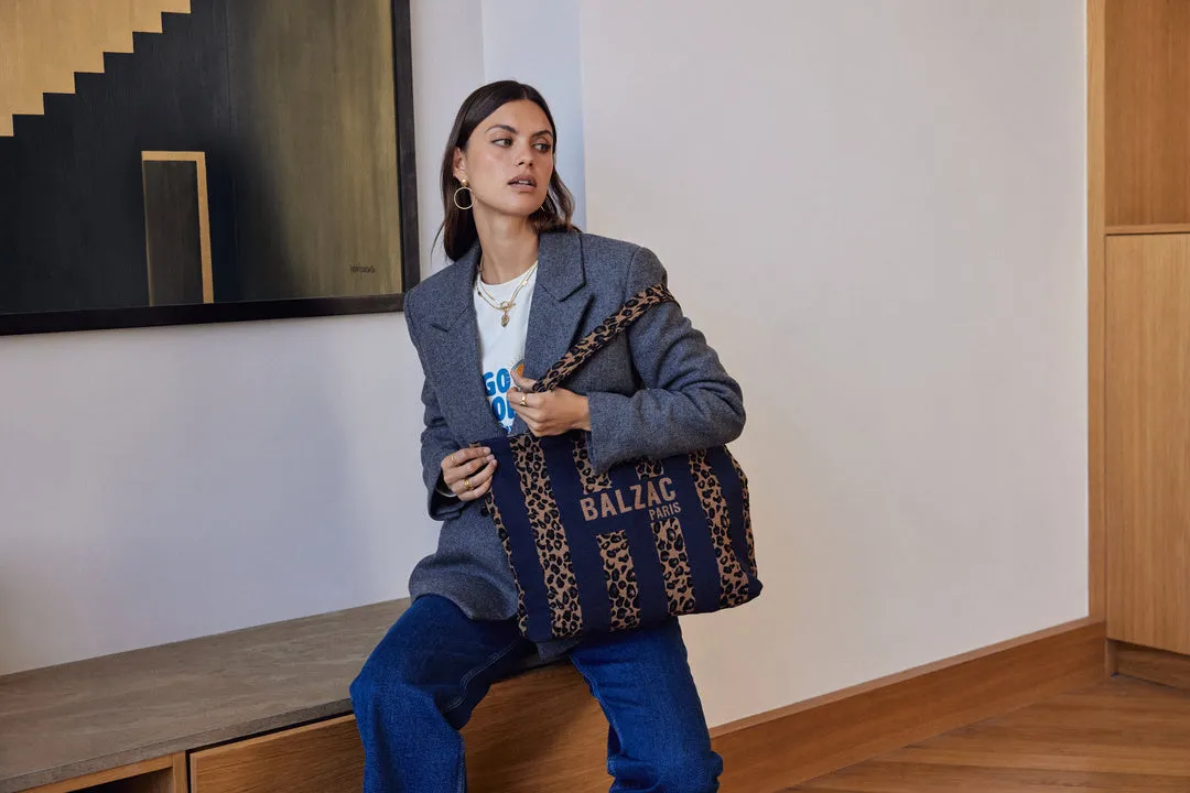 Navy and leopard striped tote bag sold by Balzac Paris product image thumbnail 5