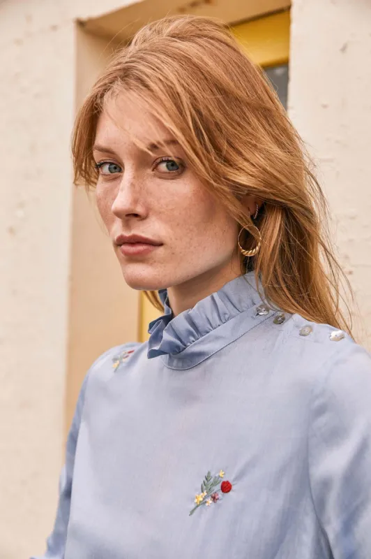 Mélanie blue embroidered blouse sold by Balzac Paris