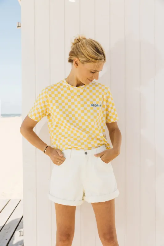 Bree Hola yellow and white t-shirt sold by Balzac Paris