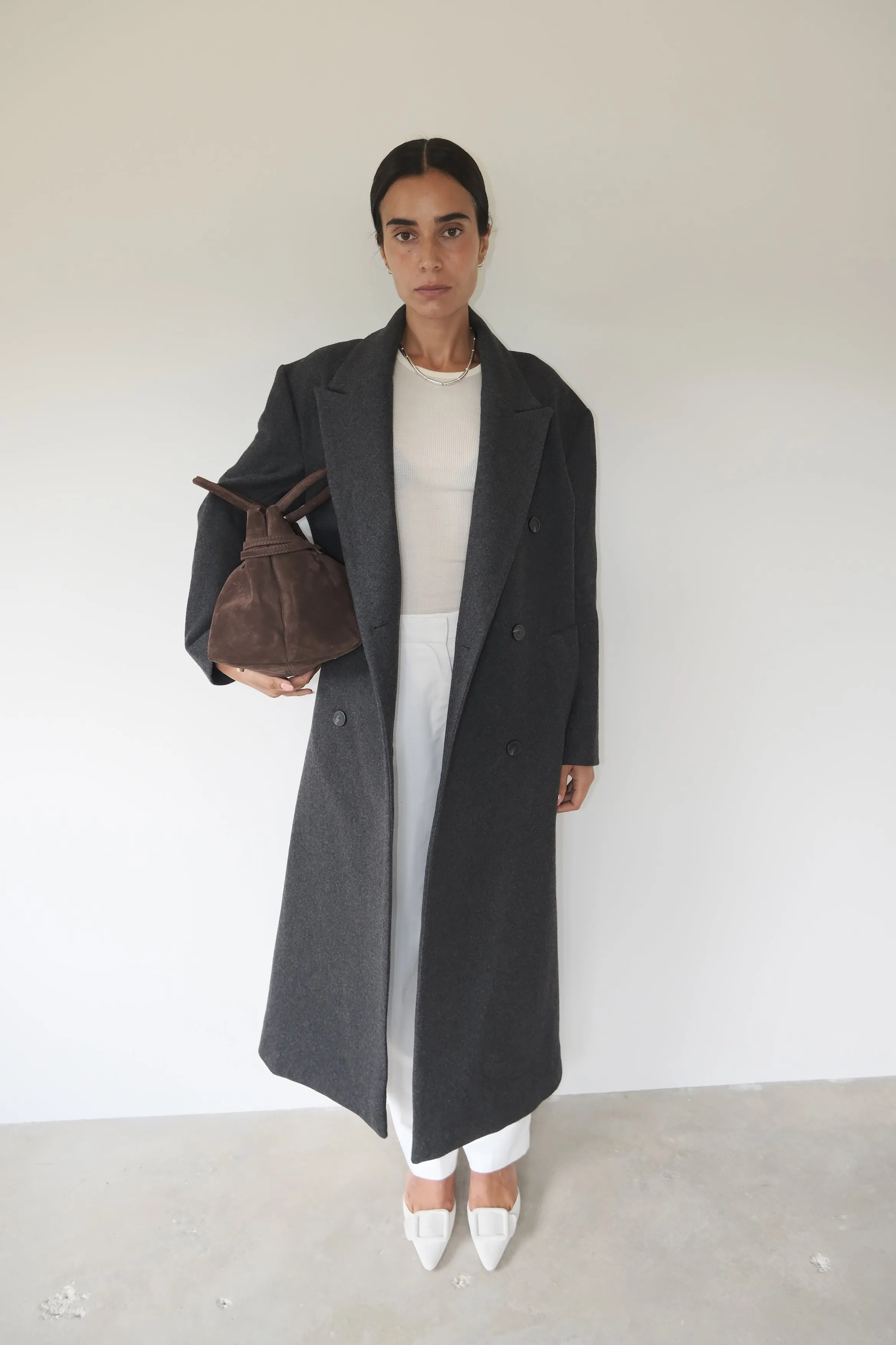 grey long coat superflu sold by Musier Paris