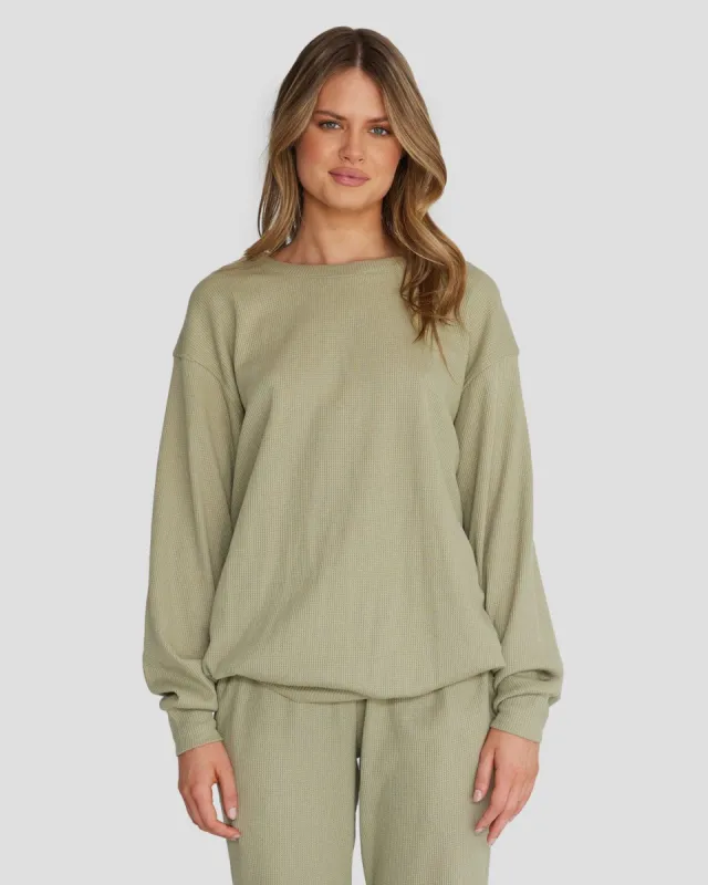 Waffle Crew Neck | Moss sold by Crop Shop Boutique