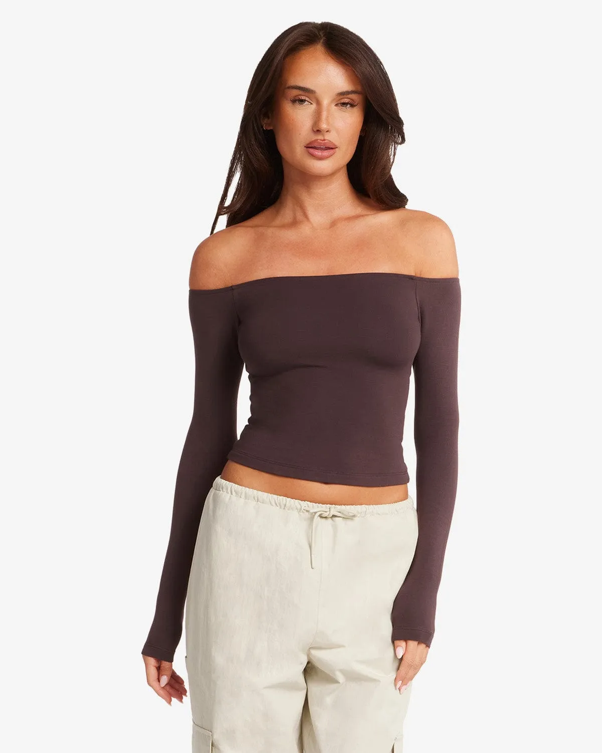 Off Shoulder Leisure Top | Espresso sold by Crop Shop Boutique