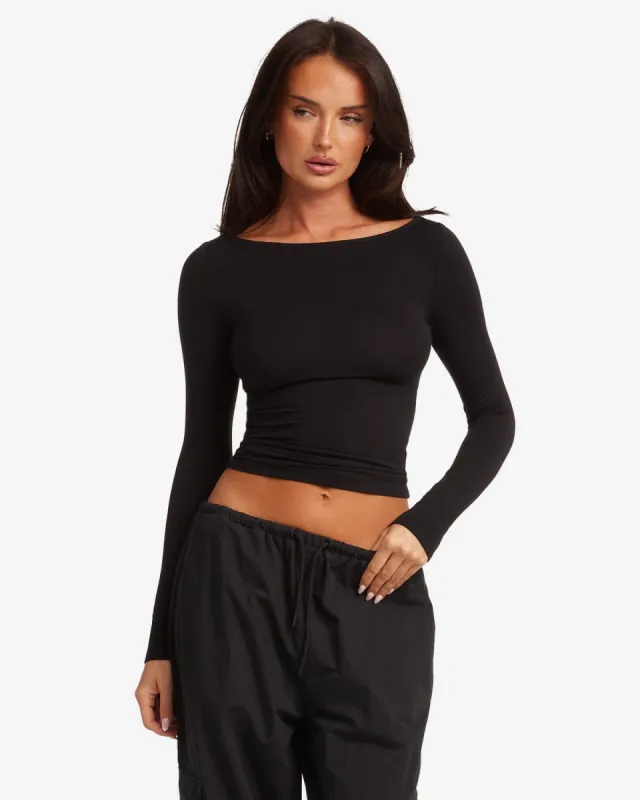 Boat Neck Long Sleeve Top | Black sold by Crop Shop Boutique