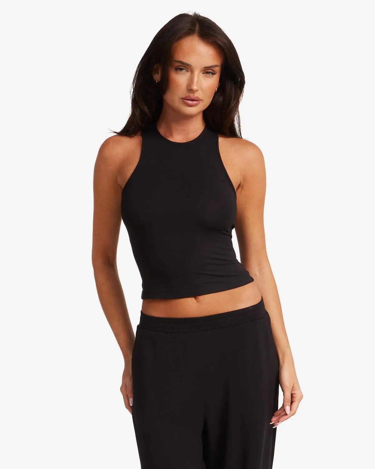 Longline High Neck Tank | Black sold by Crop Shop Boutique