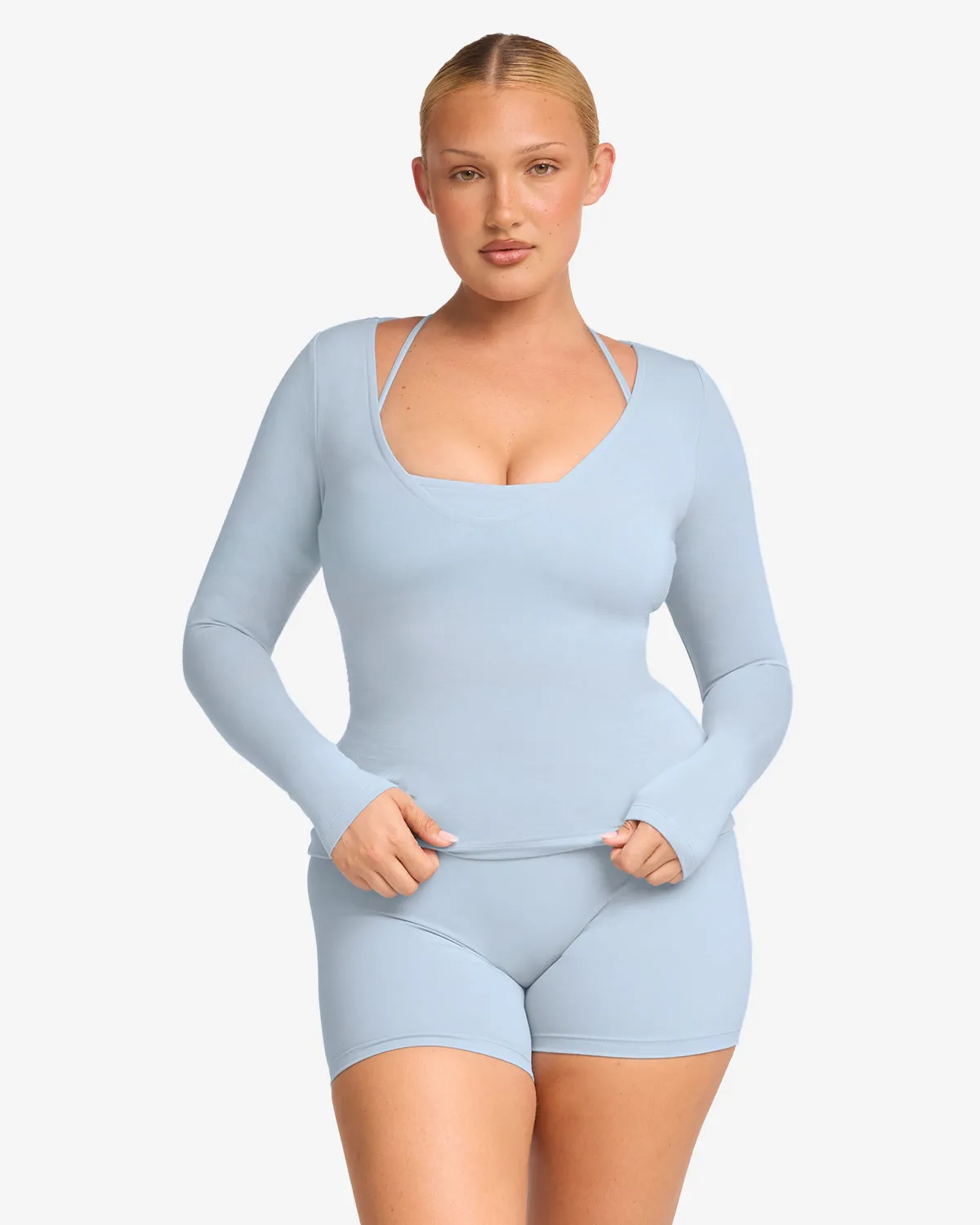 V Neck Long Sleeve Top | Dusty Blue sold by Crop Shop Boutique