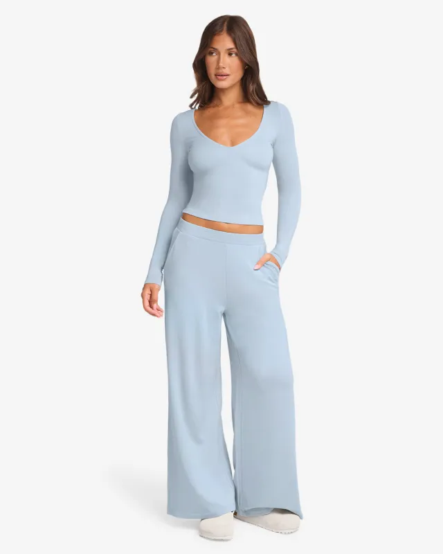 Everyday Wide Leg Pant | Dusty Blue sold by Crop Shop Boutique