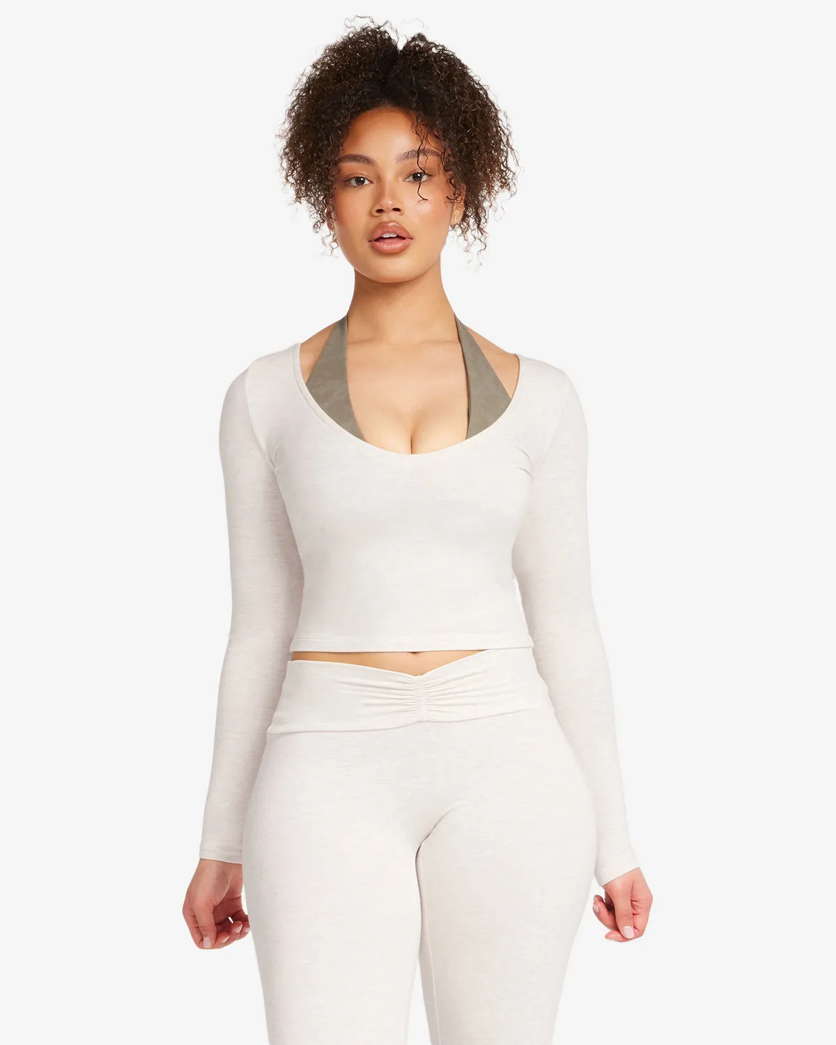 V Neck Long Sleeve Top | Oat Marl sold by Crop Shop Boutique