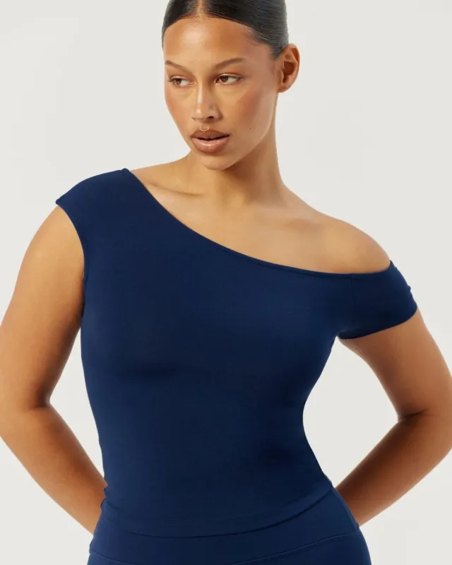 One Shoulder Capped Sleeve Top | Navy sold by Crop Shop Boutique