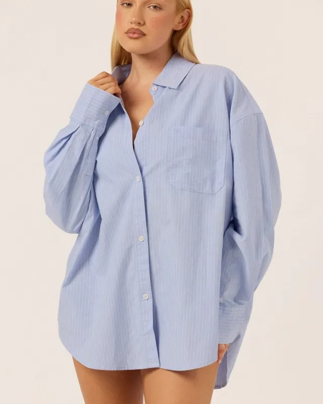 Stripe Oversized Button Up Shirt | Dusty Blue sold by Crop Shop Boutique