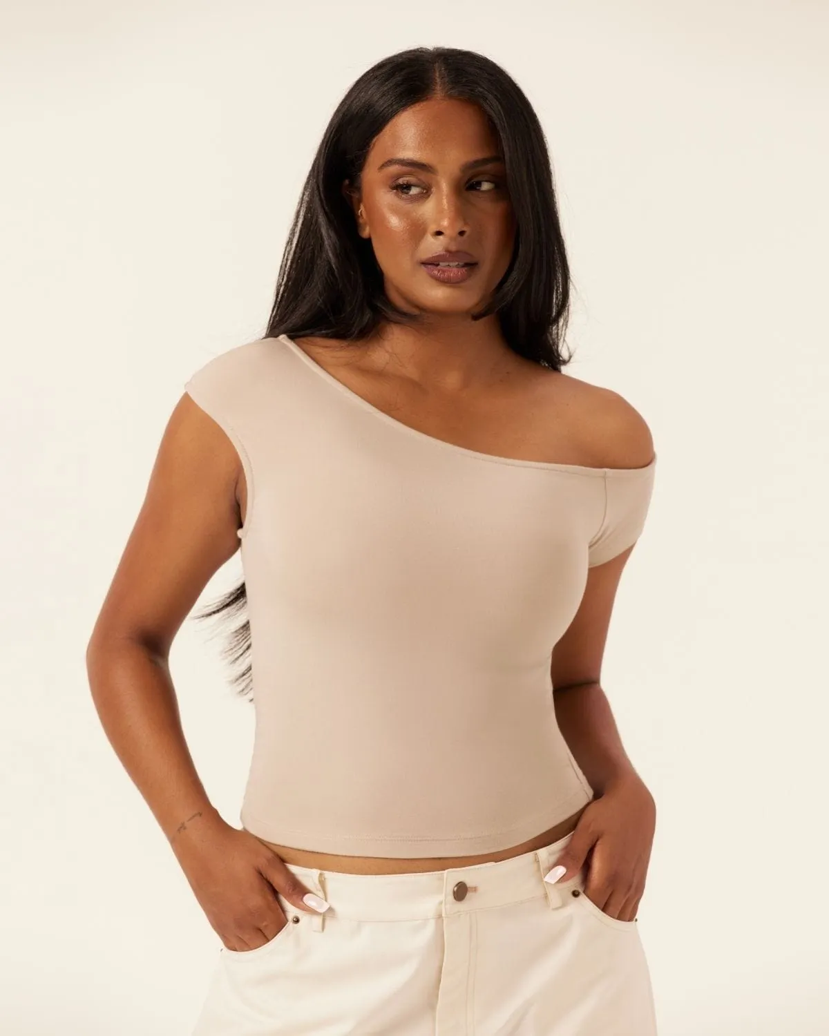 One Shoulder Capped Sleeve Top | Fawn sold by Crop Shop Boutique product image thumbnail 2