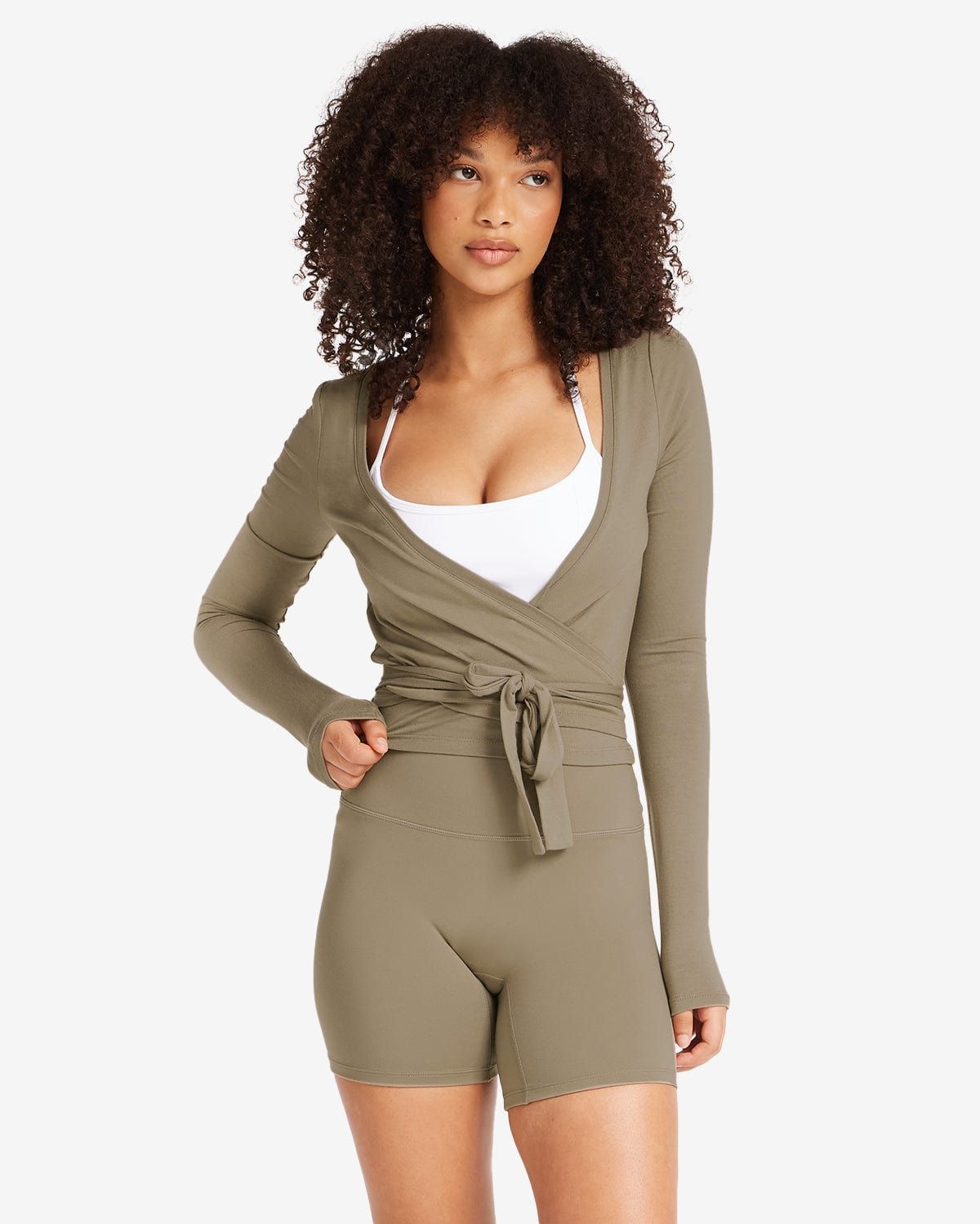 IM Ballet Wrap Top | Vintage Khaki sold by Crop Shop Boutique