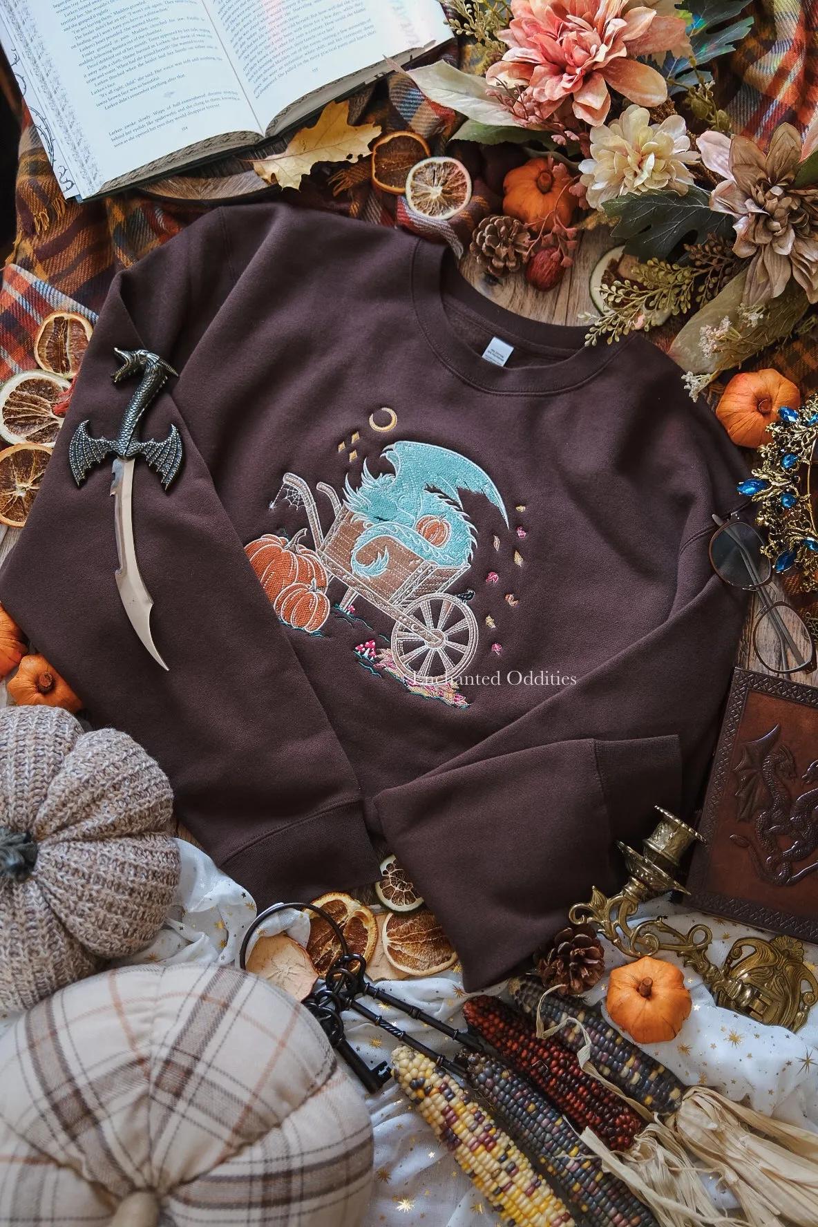 BROWN Sleepy Harvest Dragon Embroidered Crewneck sold by Enchanted Oddities