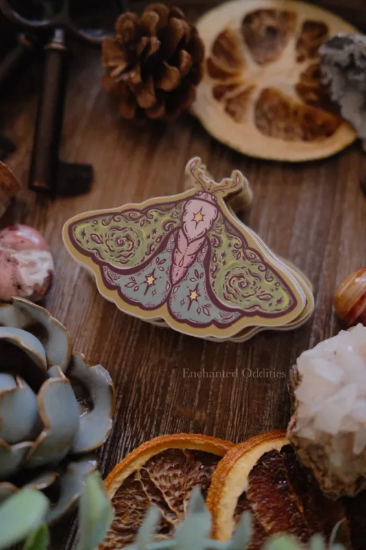 Moss Moth sticker made by Enchanted Oddities