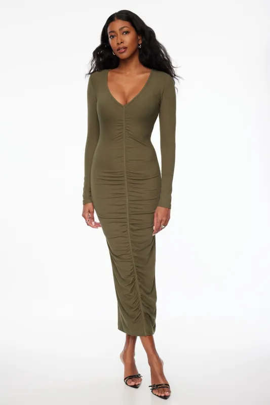 Ruched Ribbed Maxi Dress sold by Dynamite