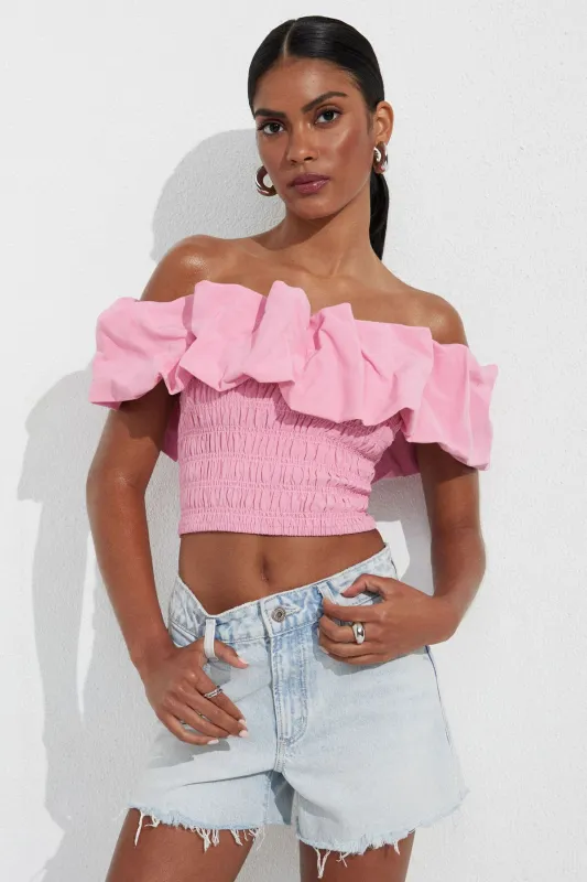 Off Shoulder Gathered Linen Top sold by Dynamite