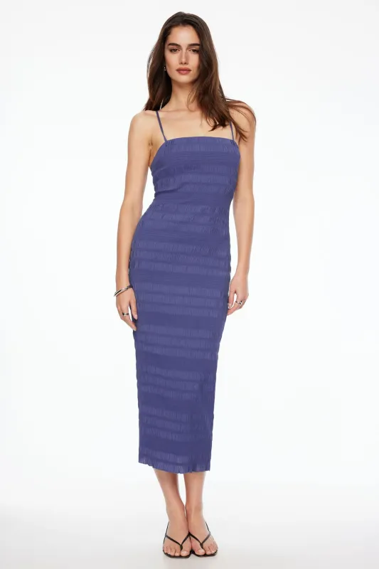 Shirred Seersucker Midi Dress sold by Dynamite