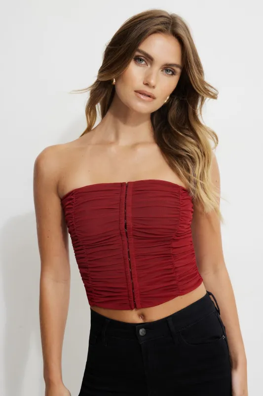 Salma Ruched Mesh Bustier Top sold by Dynamite